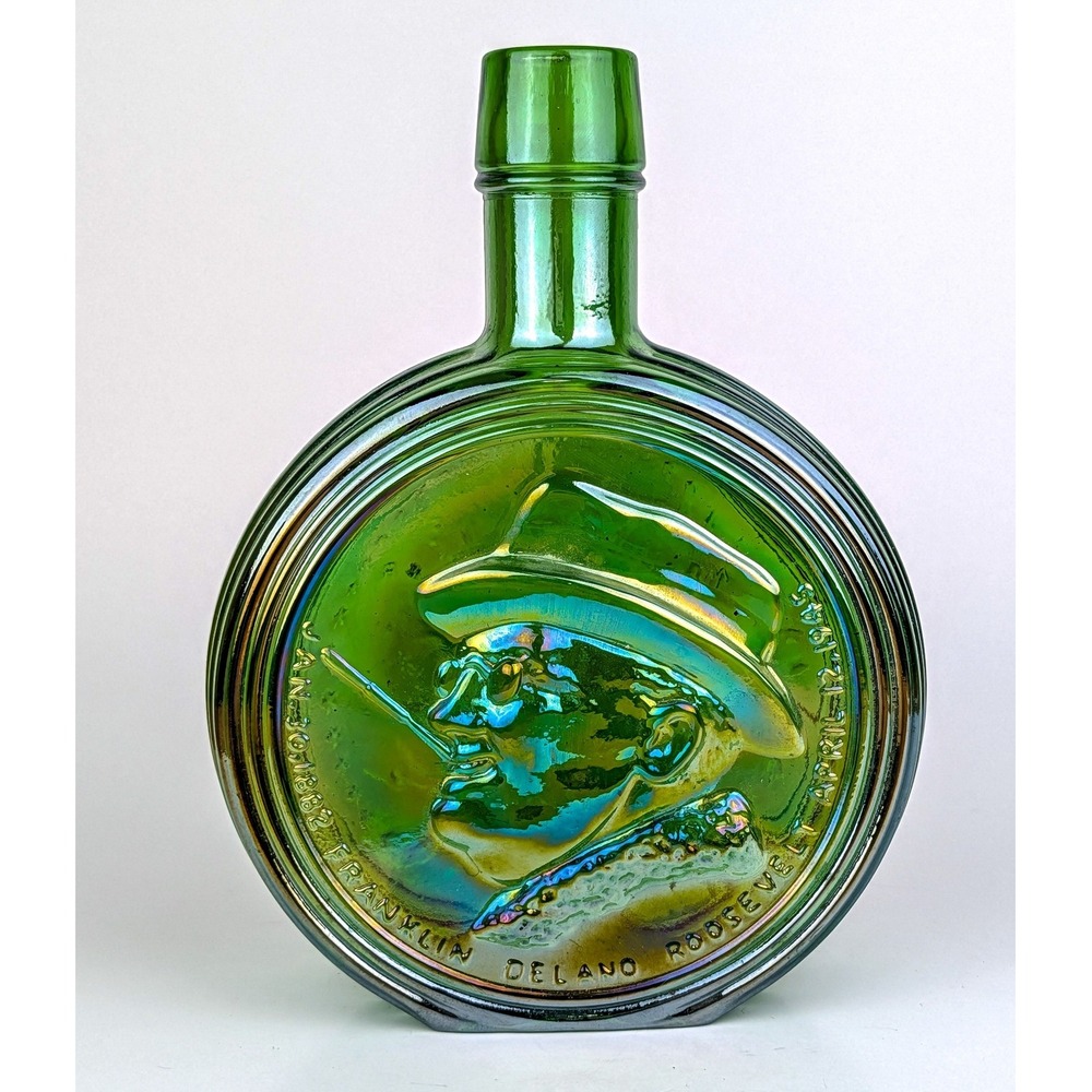 Wheaton FDR Franklin D Roosevelt Green Carnival Glass Bottle 8 in First Edition